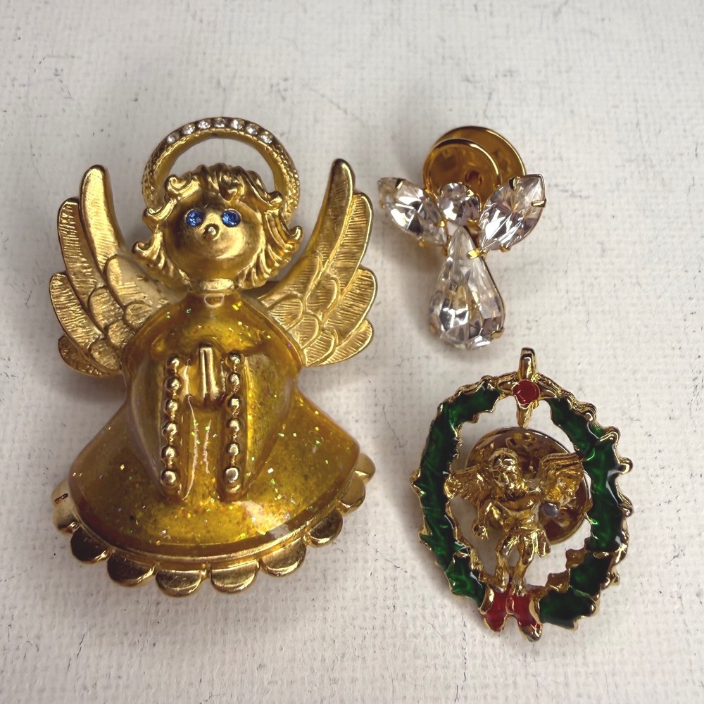 Vintage Angel Brooch and Lapel Pins Lot of 3 Rhinestones Holiday MCM